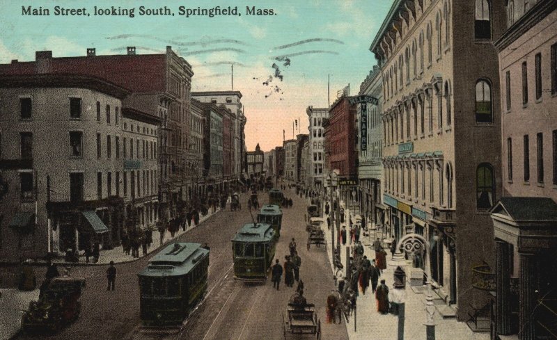 Vintage Postcard 1913 Main Street Looking South Springfield Massachusetts MA