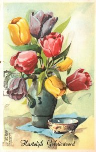 Vintage Postcard 1910's Hartilelijk Gefeliciteerd Flower Vase Colorful Tulips