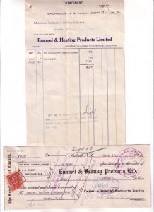 1934, Invoice and Cheque, Enamel Heating 1934 Sackville New Brunswick