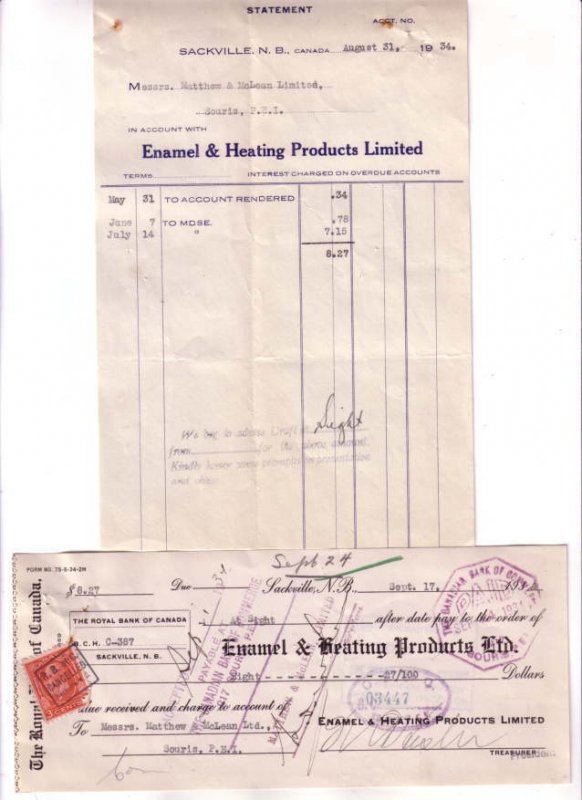 1934, Invoice and Cheque, Enamel Heating 1934 Sackville New Brunswick