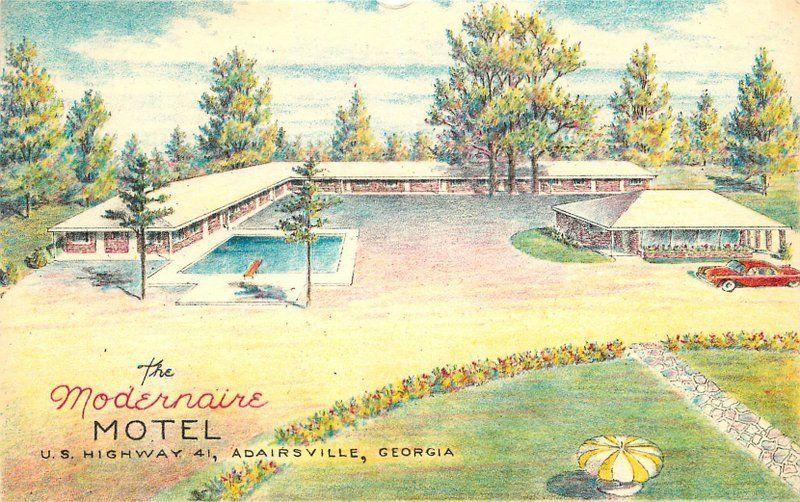 Adairesville Georgia 1950s Modernaire Motel Roadside pool Bowers postcard 7651