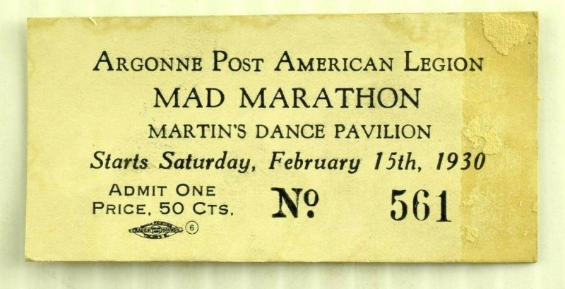 1930s Mad Dance Marathon Martin's Dance Pavilion NY Ticket Original F77