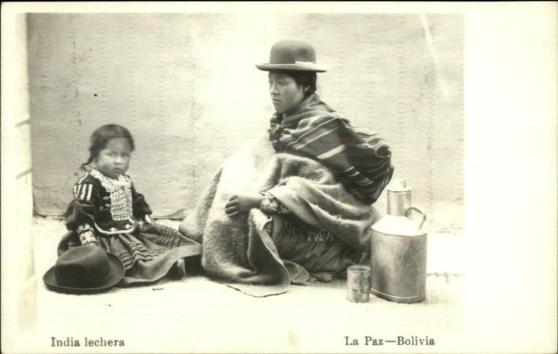 La Paz Bolivia India Lechera Native Woman Child Costumes Real Photo Postcard 