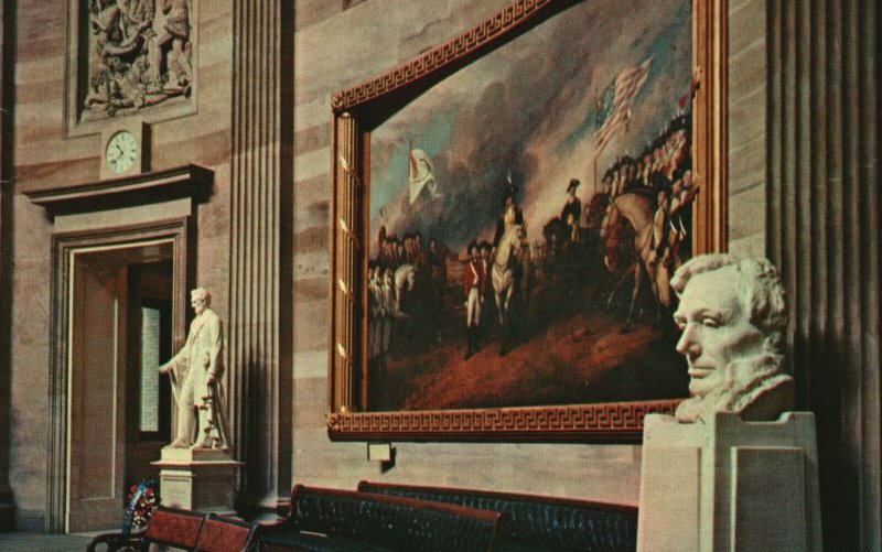 Vintage Postcard Capitol Rotunda Lincoln Statues Famed Painting Of Surrender