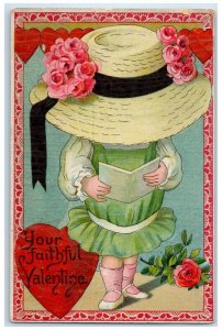 1911 Valentine Little Girl With Big Hat Flowers Heart Clearwater NE Postcard