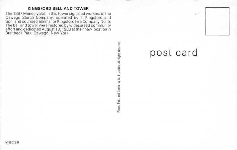 Oswego New York~Kingsford Bell & Tower (Fire Company #5)~Info on Back~Postcard
