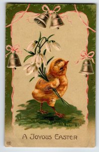Easter Postcard Baby Chick Holds Lily Flowers Embossed Bells Germany Vintage EAS