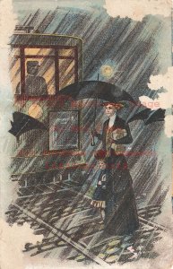 Art Nouveau, P Schmidt No 45, Woman Walking in Rain, Damaged