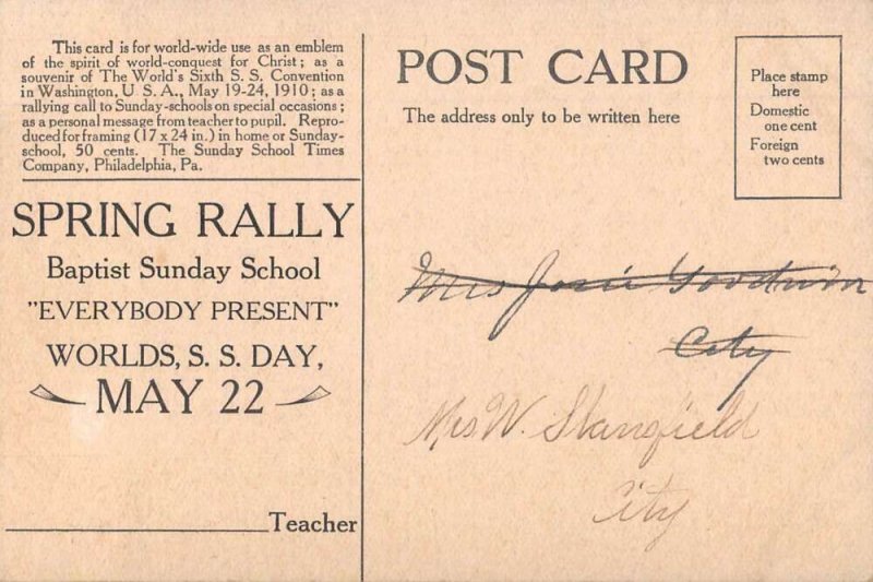 World SS Day Spring Rally Religious Missionary  Sunday School Postcard AA45483