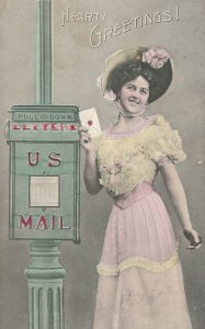 Vintage Postcard 1910's Hearty Greetings U.S. Post Mail Girl Sending Letter