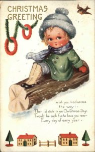 CHRISTMAS Little Girl on Log Sled DOLLHOUSE BORDER c1910 Postcard