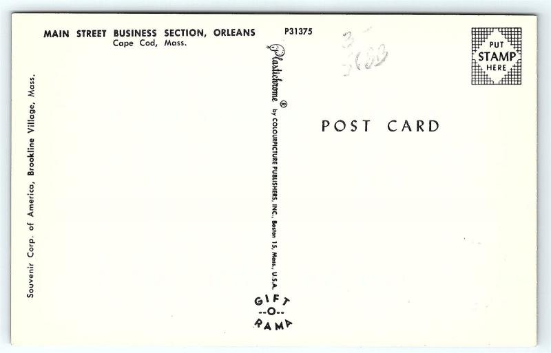 Postcard MA Cape Cod Orleans 1950s Main Street Business Section Stores Cars R26