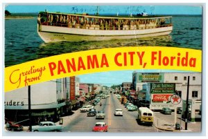 1960 Greetings From Panama City Fishing Boat Downtown Cars Florida FL Postcard