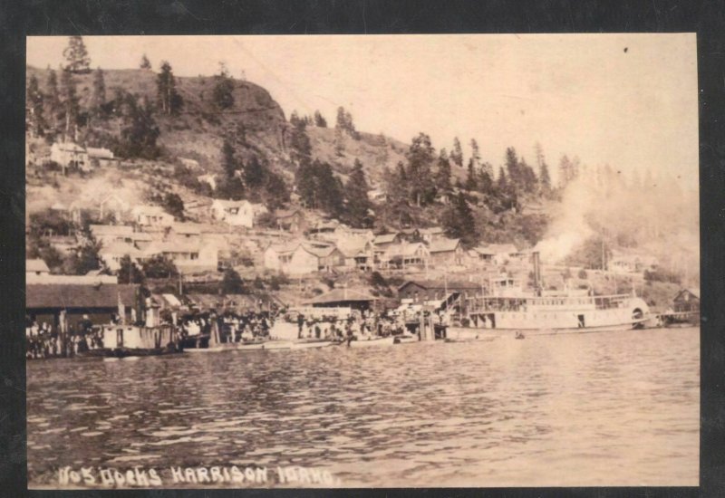 REAL PHOTO HARRISON IDAHO DOCKS LAKE BOATS POSTCARD COPYT