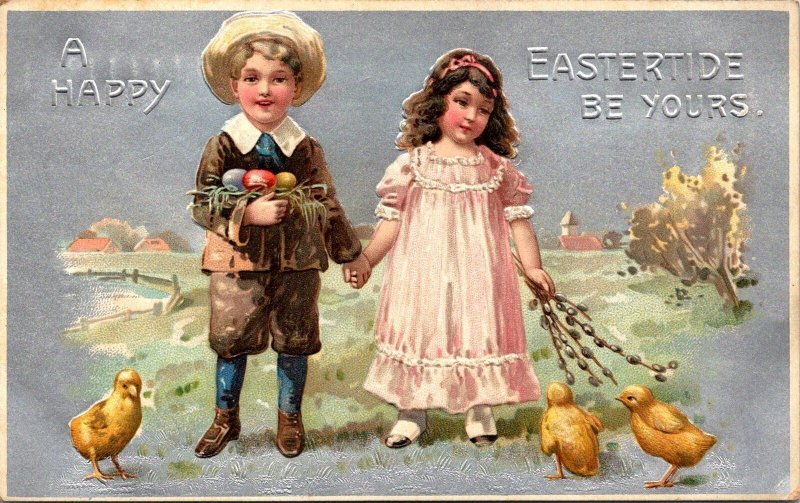 VINTAGE POSTCARD EARLY EASTER GREETING CARD CHILDREN CHICKS EMBOSSED FRESH