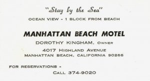 Business Card Manhattan Beach Motel California Dorothy Kingham Stay by Sea 1960s