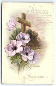 c1910 EASTER GREETINGS CROSS RELIGIOUS FLOWERS SCENIC EMBOSSED POSTCARD P348