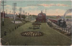 1917 HAMILTON Ontario Canada Postcard GRAND TRUNK RAIROAD STATION Depot Steam