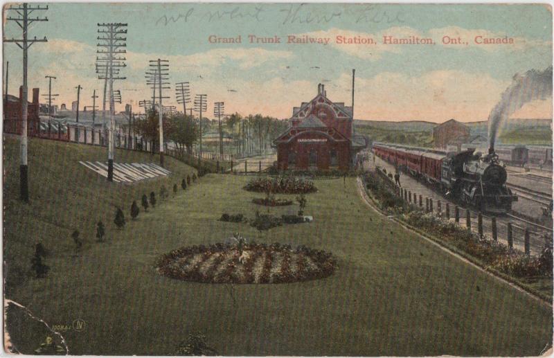 1917 HAMILTON Ontario Canada Postcard GRAND TRUNK RAIROAD STATION Depot Steam 