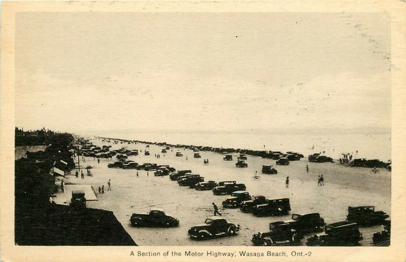 Vintage Postcard Section of Motor Highway Cars on Wasaga Beach Ontario Canada 