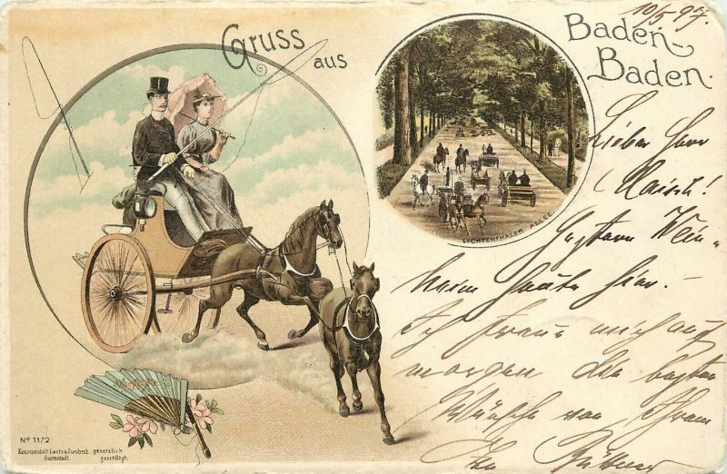 c1897 Postcard Gruss aus Baden-Baden Germany Lichtenthaler Allee Horsedrawn