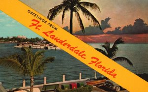 Vintage Postcard Greetings From Fort Lauderdale Florida Sunset Gulf Stream Card
