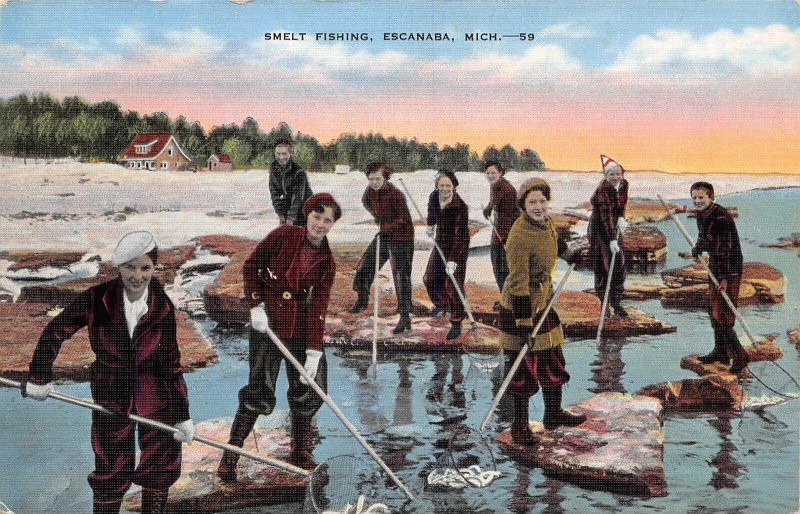 Smelt Fishing Escanaba Michigan linen postcard