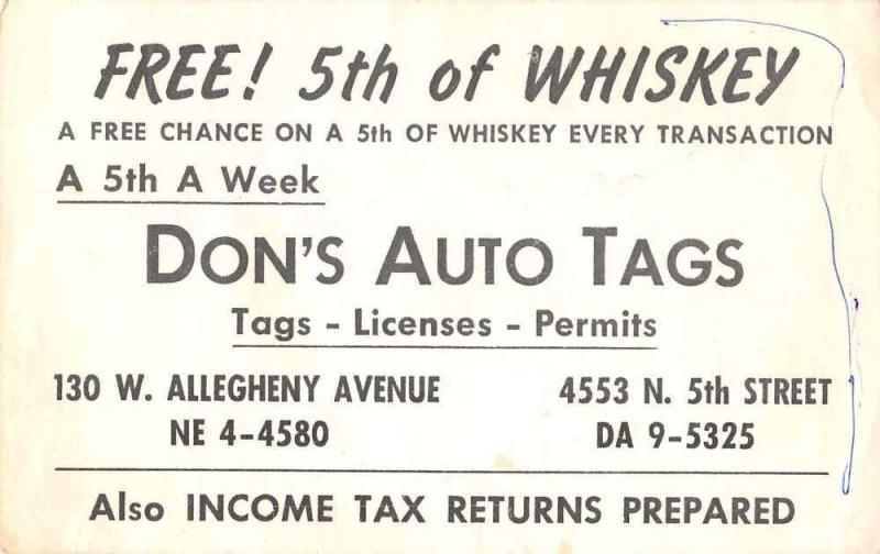 Don's Auto Tags Whiskey Automobile Advertising Antique Non-Postcard Back J73751