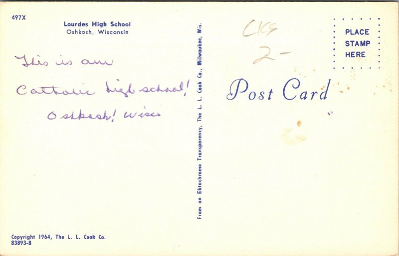 Lourdes High School Oshkosh Wisconsin WI Postcard VTG WOB UNP Note LL Cook 