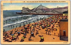 1942 Long Beach CA-California, The Cyclone Racer and Beach Crowds, Postcard