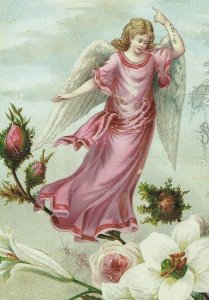 1880's Embossed Victorian Easter Card Angel In Pink White Lilies &U