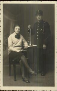 Boy & Sister or Teacher? Trumpet Uniform Musical Instrument c1915 RPPC