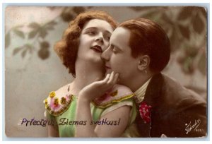 Merry Christmas Sweet Couple Romance Latvia RPPC Photo Posted Vintage Postcard 