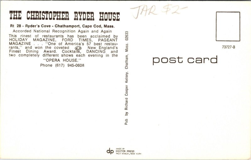 Historic Christopher Ryder House Cape Cod Massachusetts Chrome Postcard 