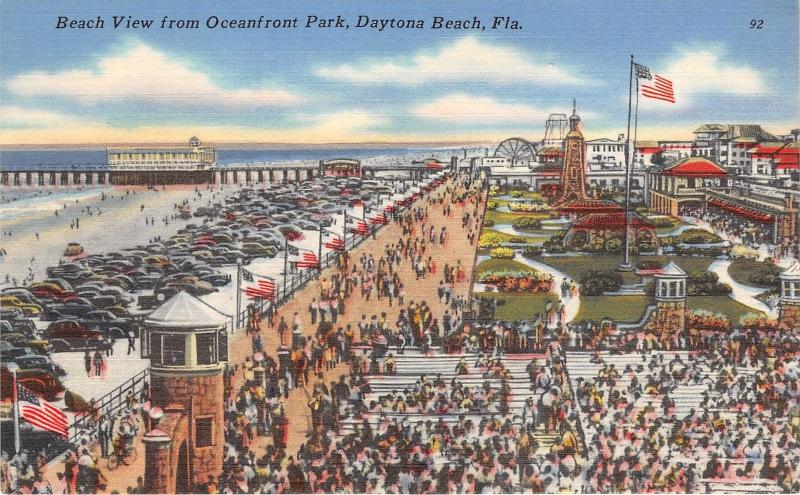 Daytona Beach Florida~Oceanfront Park Bird's Eye View~Pier~Tower & Flag~1940s Pc