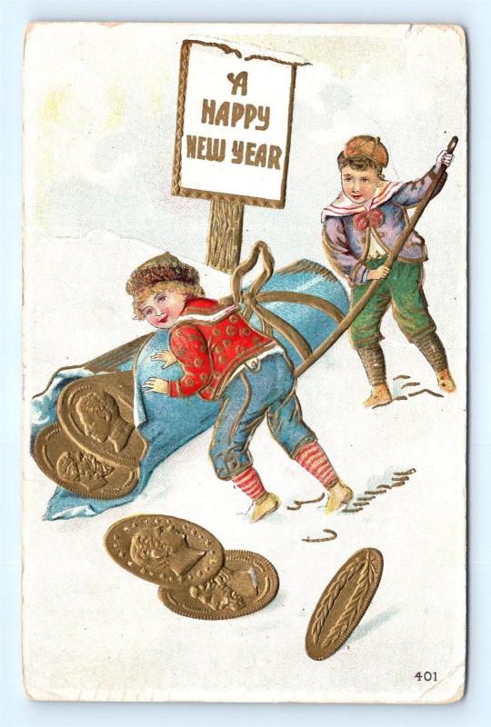 Postcard Happy New Years Boys Rolling Large Roll of Gold Coins 1908  J15