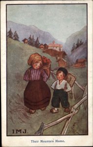 IMJ Folk Art Cute Dutch Children Mountain Home c1910 Vintage Postcard
