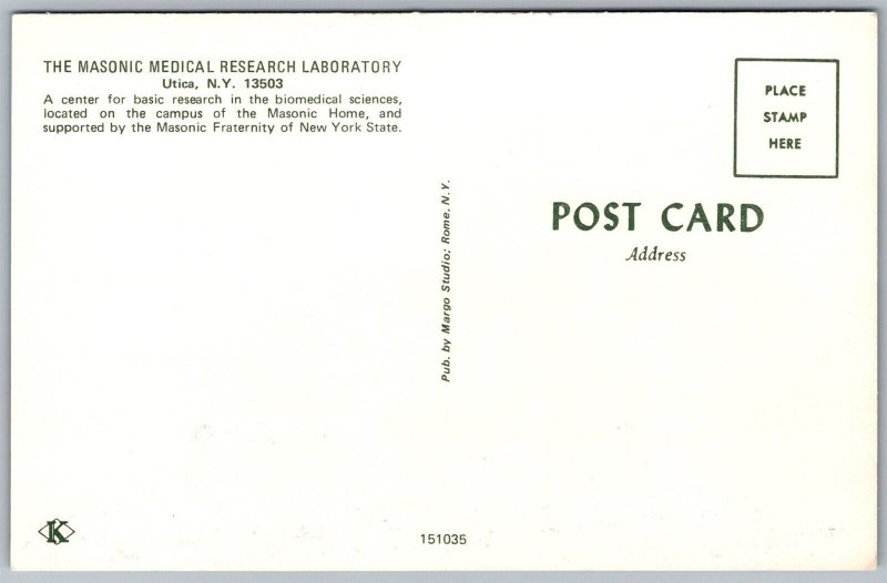 Vtg Utica New York NY The Masonic Medical Research Laboratory Lab View Postcard