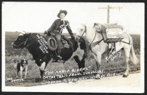 The Range Riders Cowboy on Bull Horse Dog Idaho to New York RPPC Unused c1930s