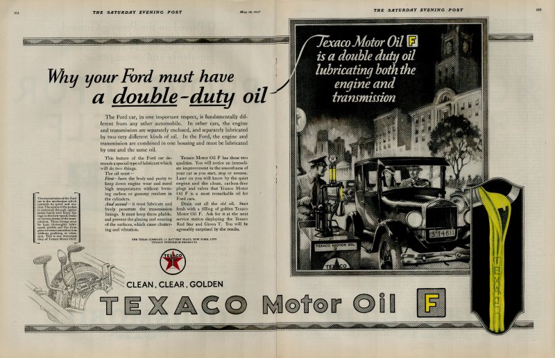 1927 Texaco Motor Oil Why Ford Must Have Double Duty Oil Vintage Print Ad 3939