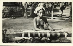 indonesia, BALI, Native Topless Nude Woman Weaving (1920s) RPPC Postcard