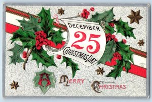 Emmons MN Postcard Christmas Calendar Holly Berries Embossed 1919 Posted Antique