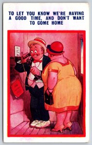 Comics~Man Calling On Wall Phone~Having A Good Time~Bamforth~Vintage Postcard