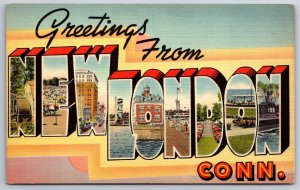 Greetings From New London Connecticut~Multi-View~Large Letter Vtg Linen Postcard