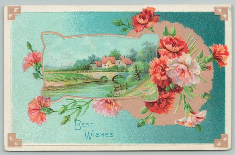 Flowers Greetings~ Orange and White Carnations~Village Portal~c1910 Postcard