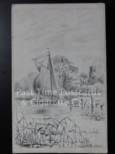 c1926 Norfolk: Ranworth Dyke (Yacht Leaving) from original pencil drawing