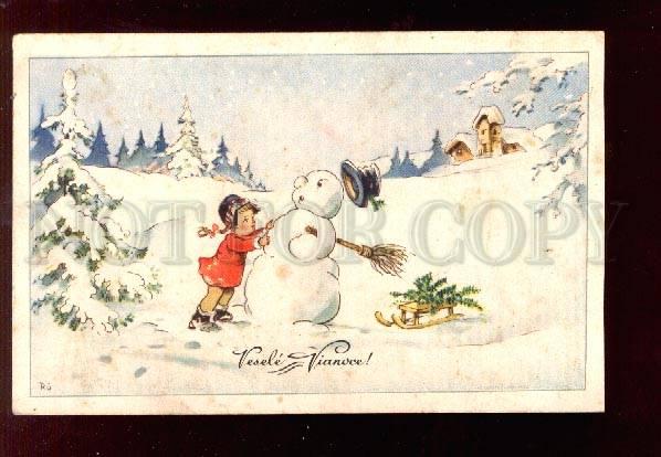 028690 Girl w/ Charming SNOWMAN. Vintage color PC