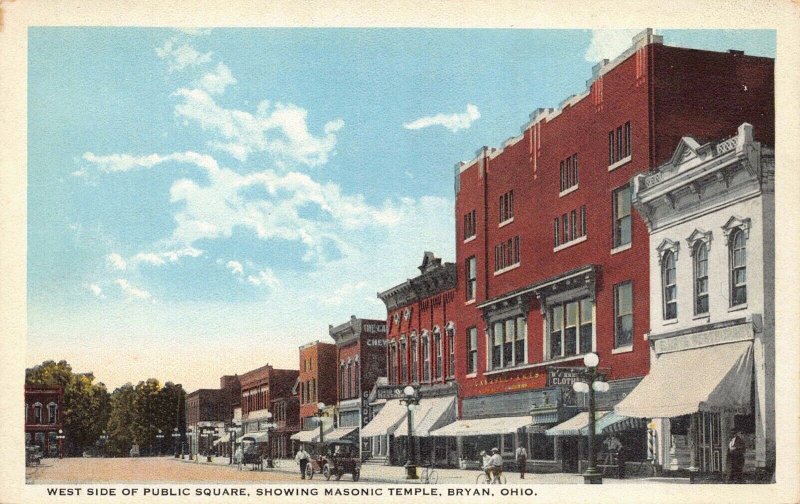 Postcard West Side of Public Square Showing Masonic in Temple Bryan, Ohio~124791