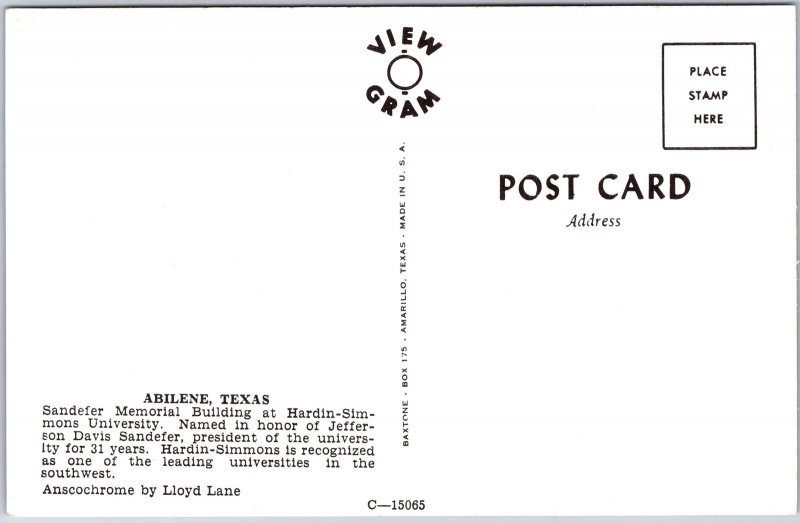 Abilene Texas TX, Hardin-Simons University, Sandefer Memorial Building, Postcard