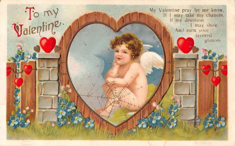 To My Valentine Cupd hearts flowers poetic verse spider web antique pc Z16872